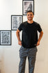 Men summer pajama set Black T-shirt + Black X Grey Stripes Pants